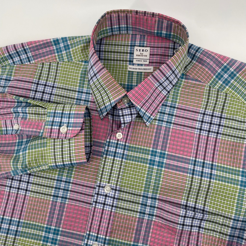 Sero by Forsyth Button Down Shirt Mens Large Multicolor‎ Plaid No Iron Tailored
